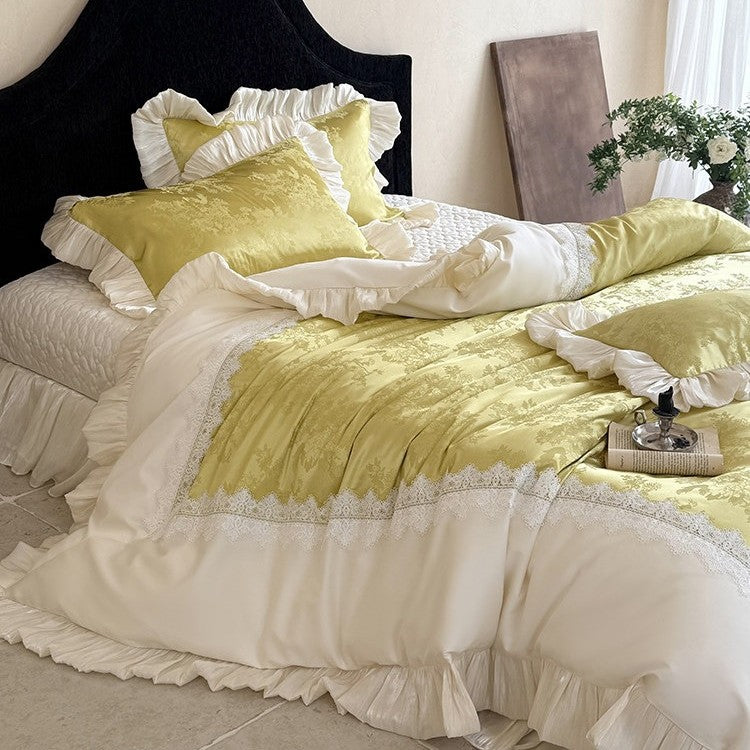 Elegant bedroom set: Jacquard satin bedspread with decorative ruffle and lace trim