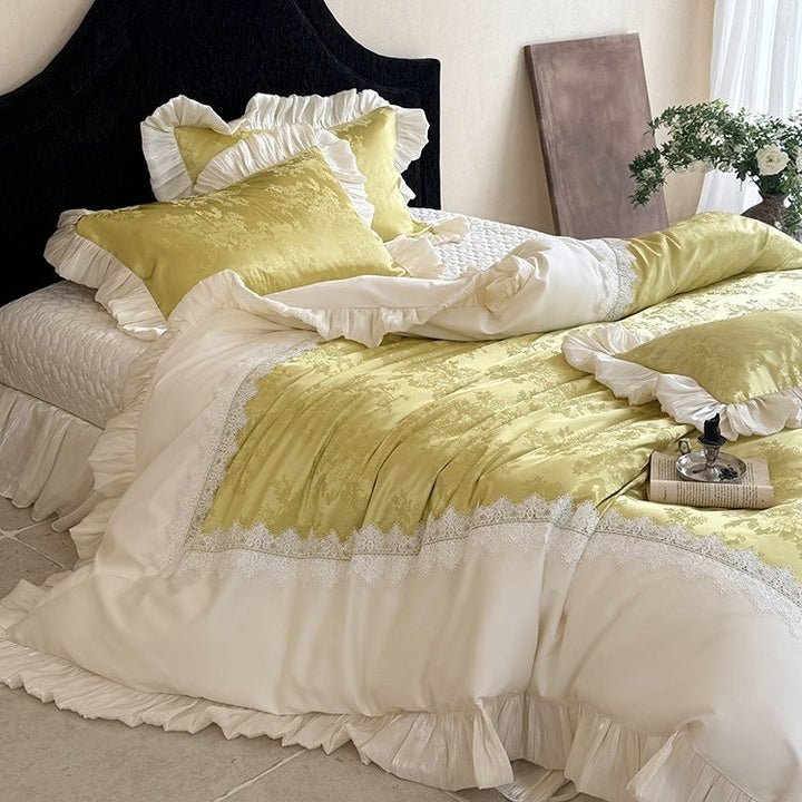 Elegant bedroom set: Jacquard satin bedspread with decorative ruffle and lace trim