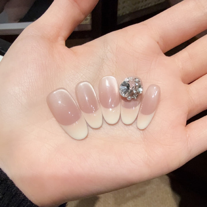 Elegant French Tip Press-On Nails with Rhinestone Accents Kalsten