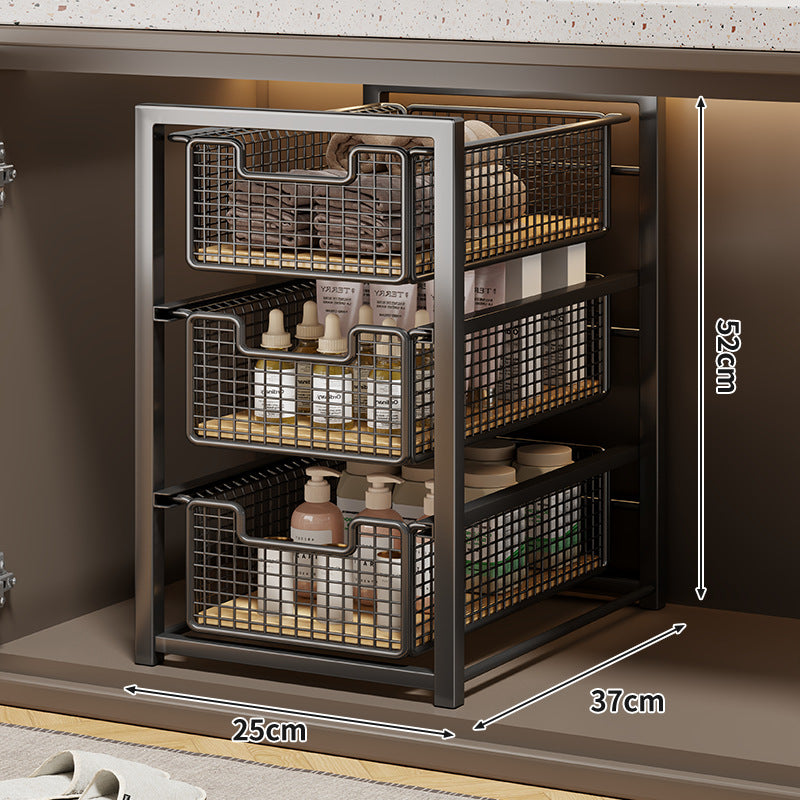 Under-Cabinet Sliding Three-Tier Mesh Basket Organizer with Removable Bins