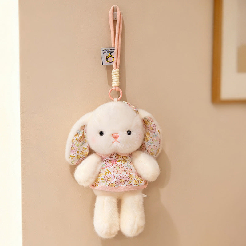 Plush Bunny Bag Charm Keychain with Decorative Bow and Floral Dress Kalsten