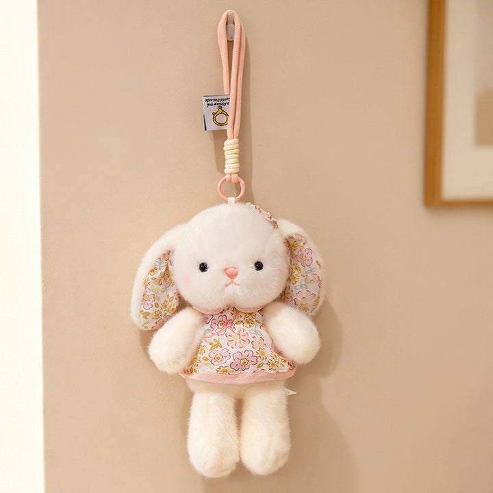 Plush Bunny Bag Charm Keychain with Decorative Bow and Floral Dress Kalsten