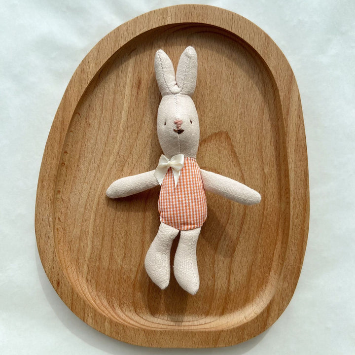 Miniature Linen Rabbit Comforter Plush with Gingham Pocket Dress and Ribbon Bow