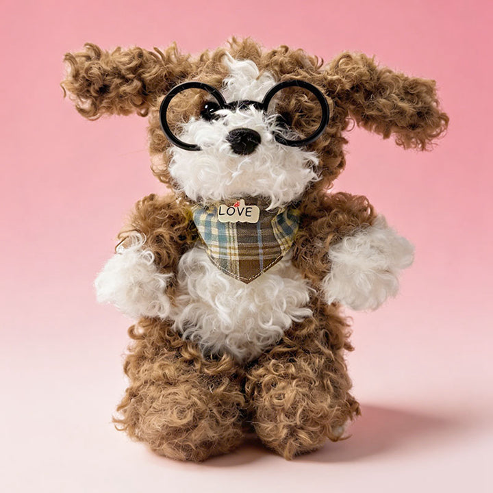 Curly-Fur Sitting Puppy Plush with Round Glasses & Plaid 'LOVE' Bandana Kalsten