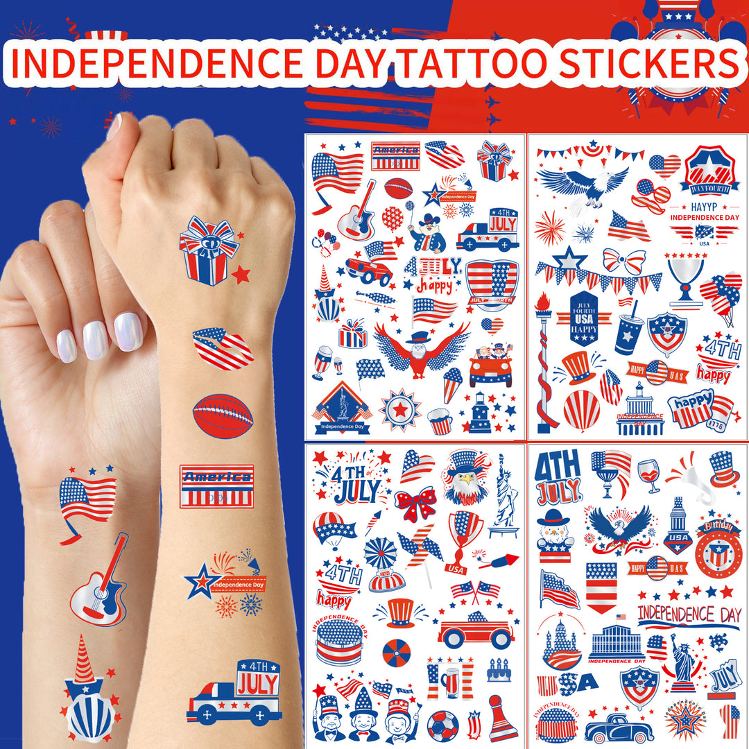 Independence Day illustrated temporary tattoo sheets with assorted patriotic icons skin-safe waterproof Kalsten