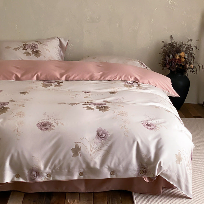 Premium cotton satin duvet cover set with floral jacquard relief and button closure