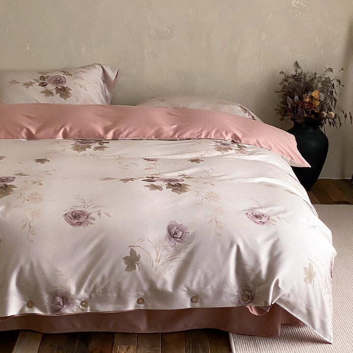 Premium cotton satin duvet cover set with floral jacquard relief and button closure