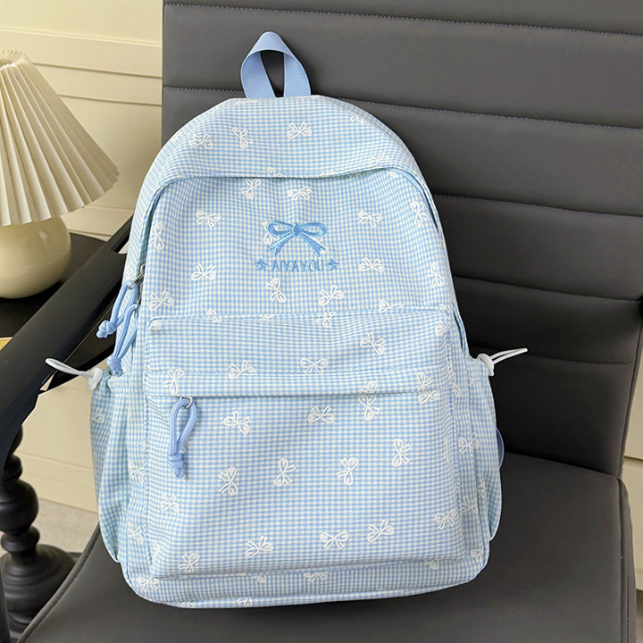 Charming Bow-Embellished Gingham Patterned Backpack Kalsten