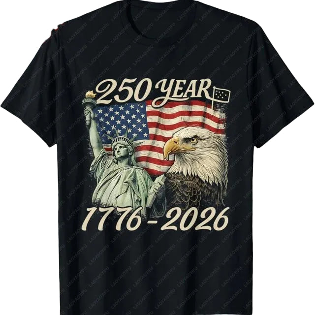 Unisex nan patriotic two hundred fifty year commemorative graphic tee with Statue of Liberty and Bald Eagle print Kalsten
