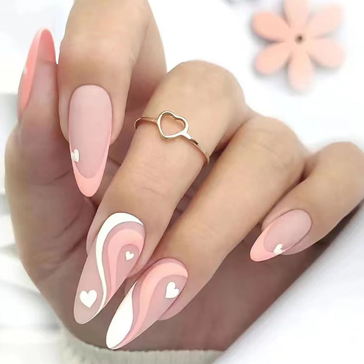 Elegant Stiletto Press-On Nails with Heart and Wave Design Kalsten