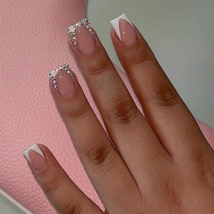 Decorative French Tip Press-On Nail Set with Rhinestone Accents kalsten