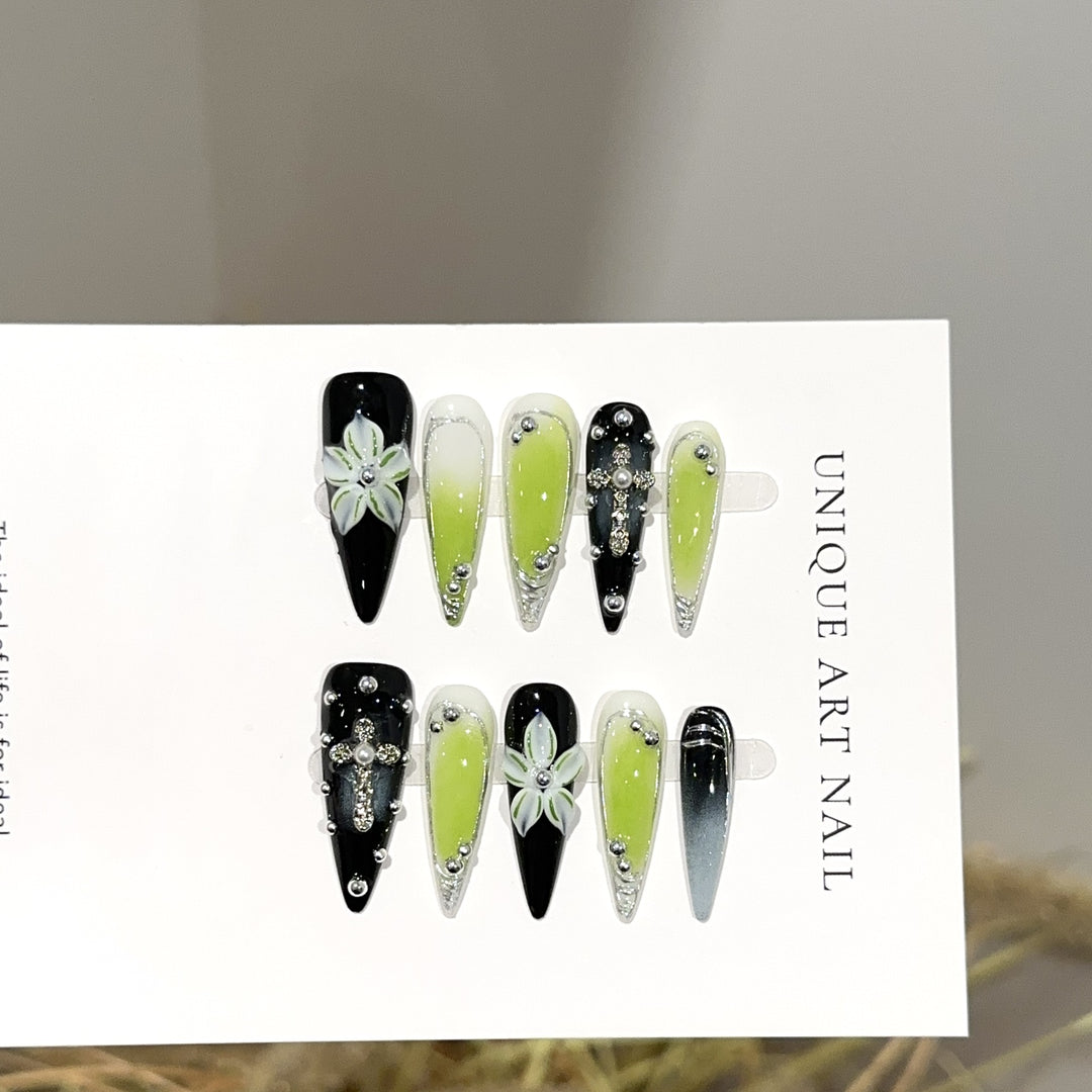 Artistic Floral and Gemstone Press-On Nail Set