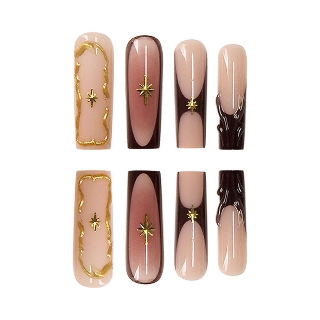 Artistic Long Press-On Nail Art Extensions with Gold Detailing Kalsten