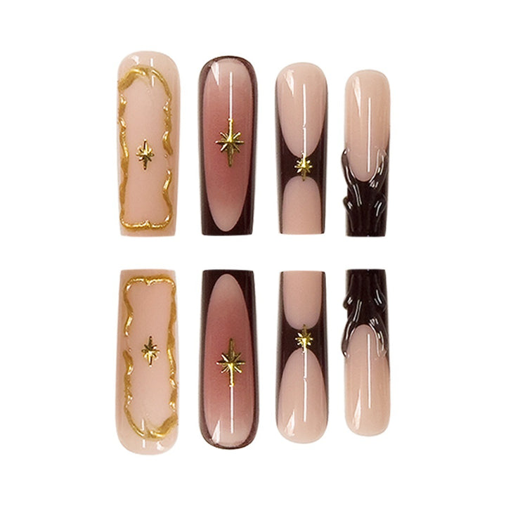 Artistic Long Press-On Nail Art Extensions with Gold Detailing Kalsten
