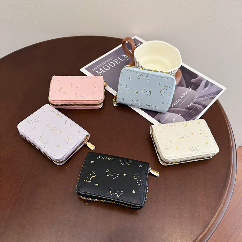 Playful Cat-Themed Compact Zip Wallet