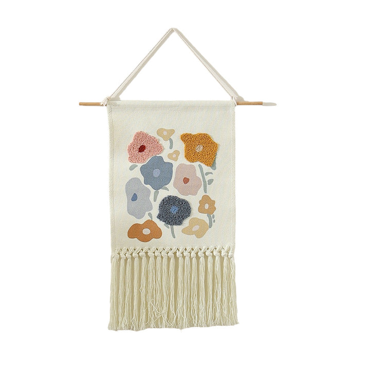 Woven cotton wall hanging with punch needle flower relief and fringes Kalsten