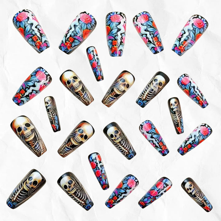 Creative artificial nails with skeleton and flower motifs Kalsten