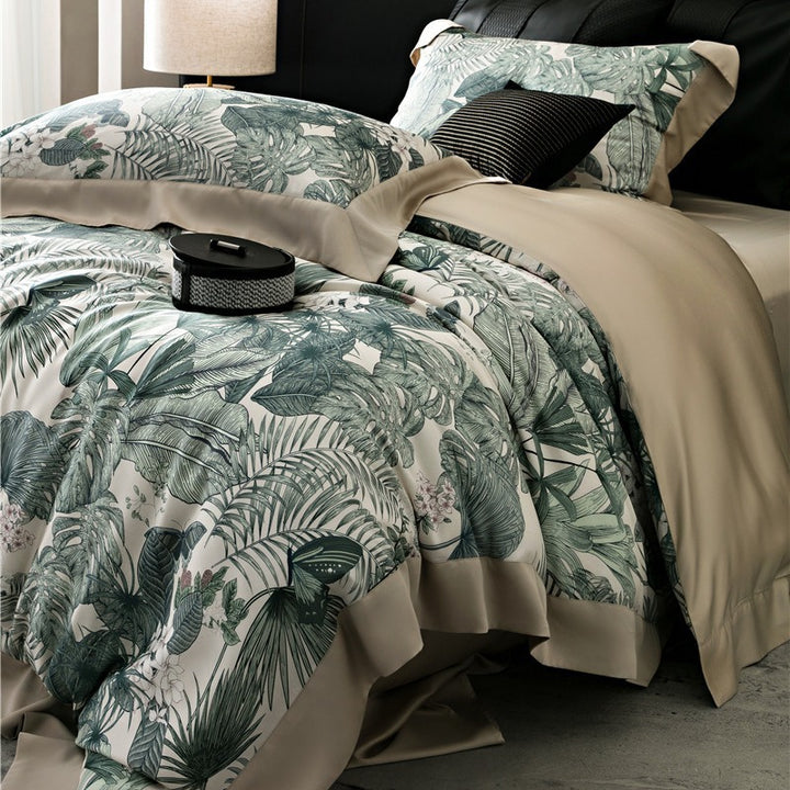 Duvet cover set made of cotton satin with subtle watercolor flower print and silky-matte texture