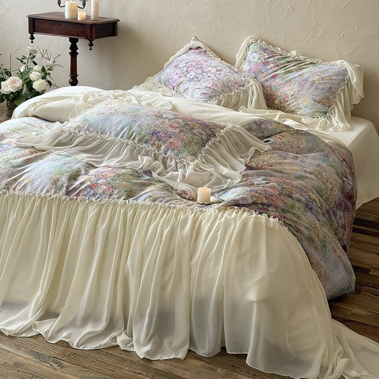 Elegant bedding set with floral watercolor print and gathered ruffle