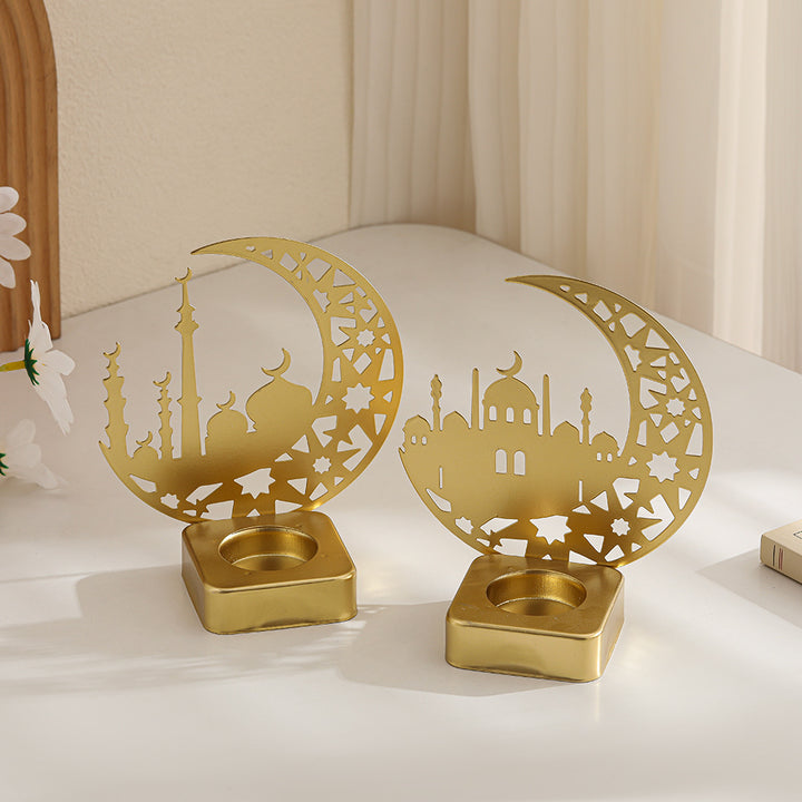 Crescent Silhouette Mosque Tea Light Lantern with Filigree Metal Base Kalsten