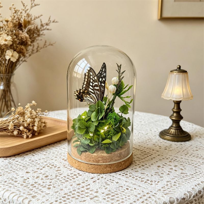 Glass Terrarium with Preserved Flowers and Butterfly