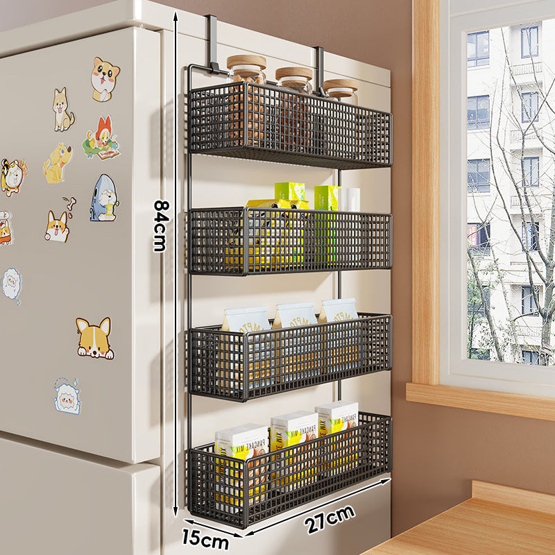 Over-Refrigerator Vertical Hanging Mesh Storage Rack with Deep Baskets and Hook Rail