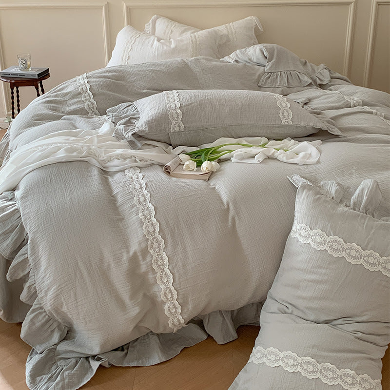 Reversible cotton-linen duvet cover set with ruffle, delicate lace trim, and breathable muslin