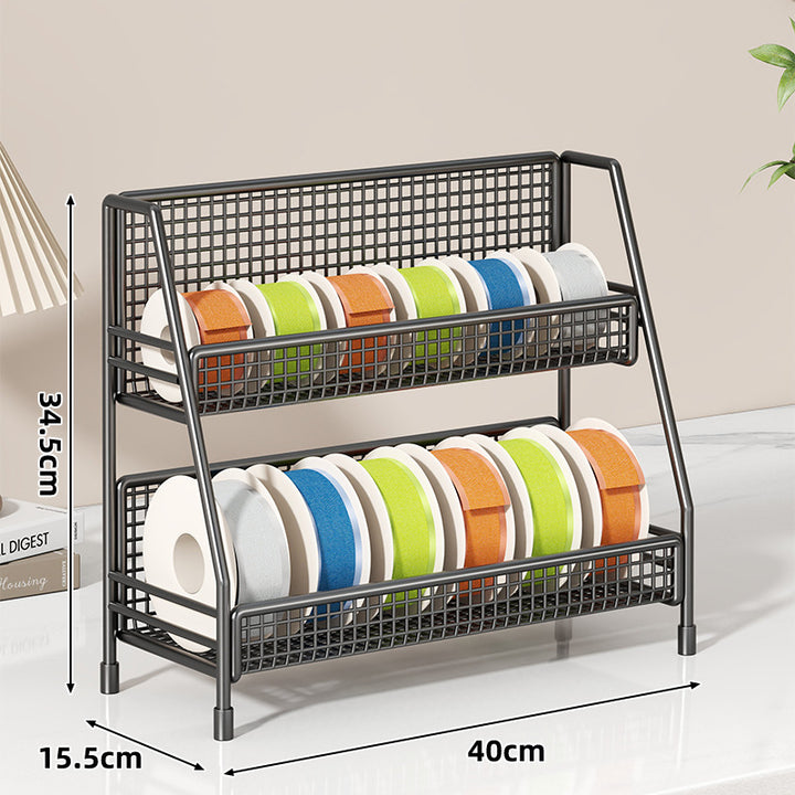Angled Multi-Tier Spool and Tape Storage Rack with Wire Mesh Baskets