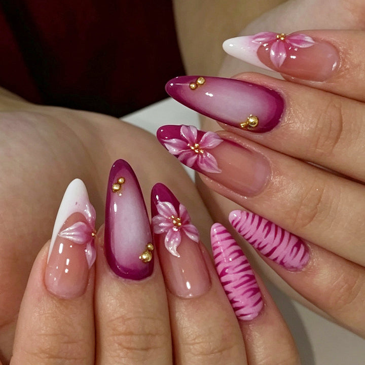 Premium Artistic Press-On Nail Set with Floral and Ombre Design Kalsten
