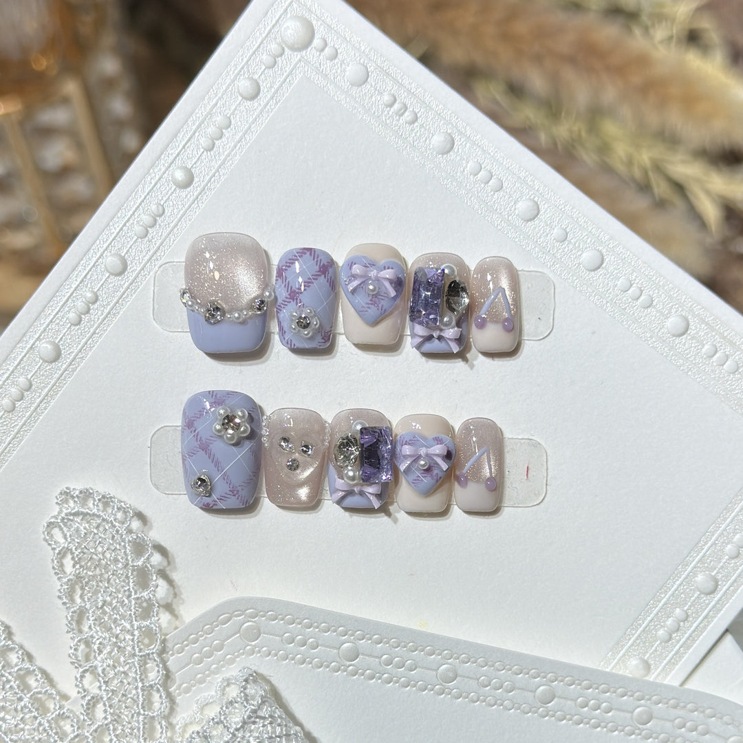 Decorative Luxury Press-On Nail Set with Elegant Bow and Gemstone Accents Kalsten