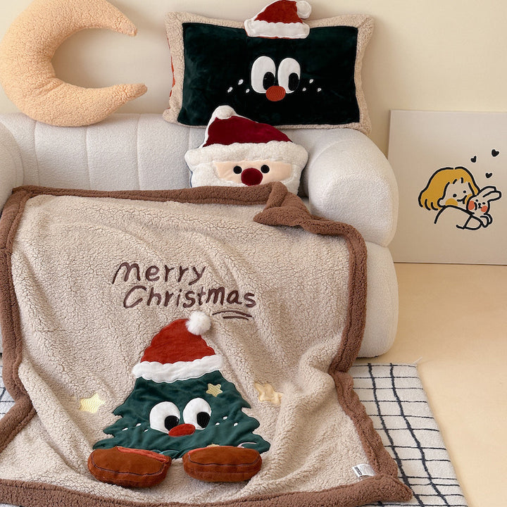 Cozy Christmas throw blanket with appliquéd Christmas tree motif and Sherpa lining