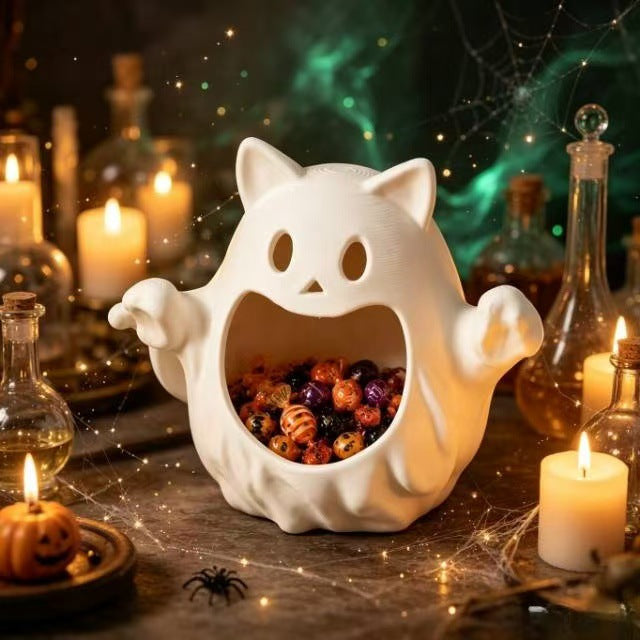 Ceramic tealight holder cat spirit with open basin and decorative design
