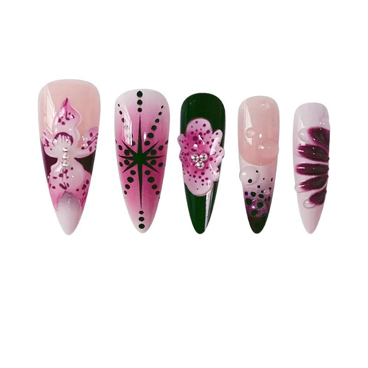 Floral Embellished Stiletto Nail Art Kalsten