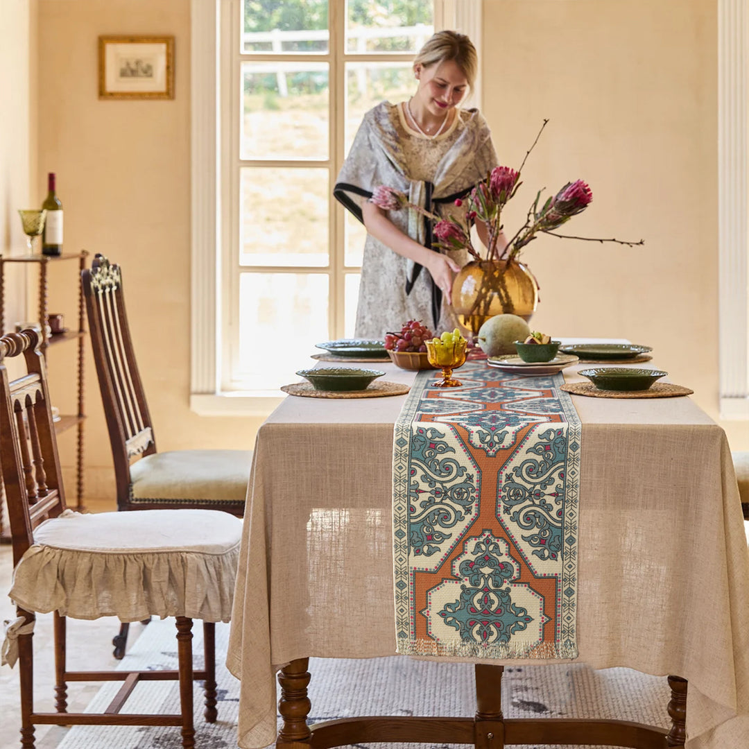 Woven table runner made of cotton blend with oriental medallion pattern and fringes Kalsten