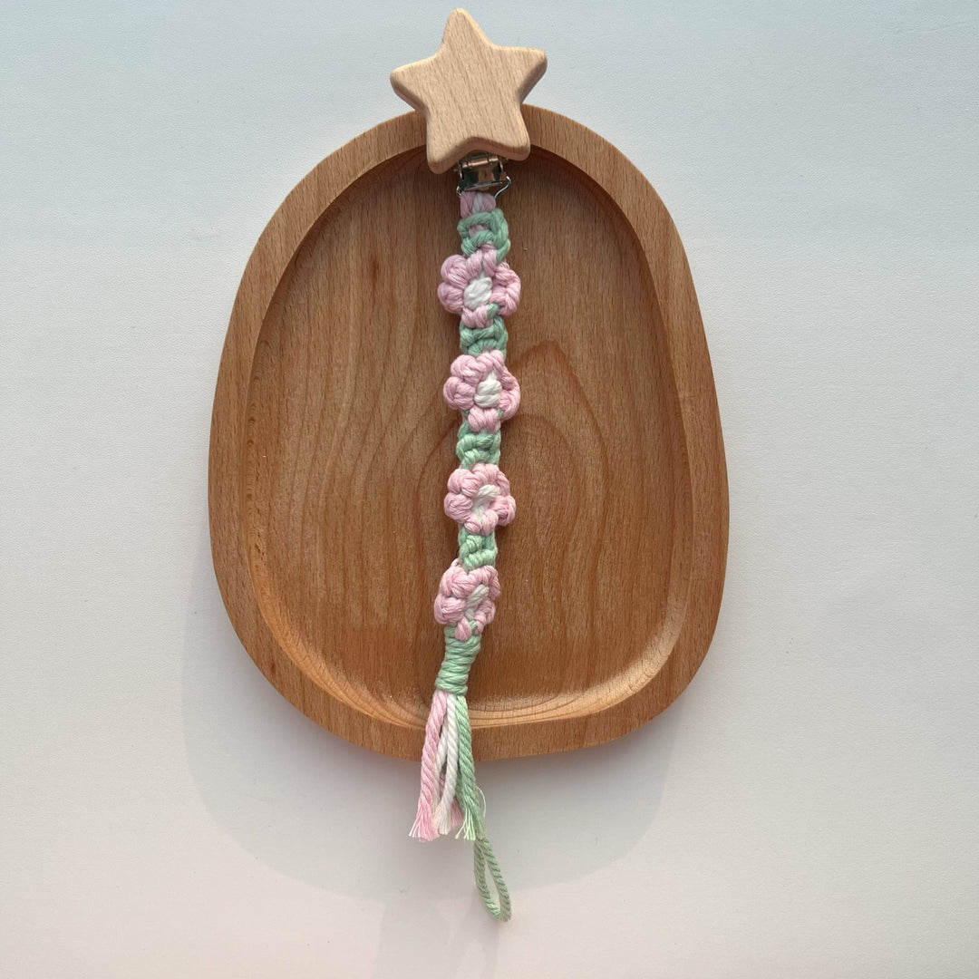 Macramé Stroller and Pacifier Lanyard with Wooden Star Clip