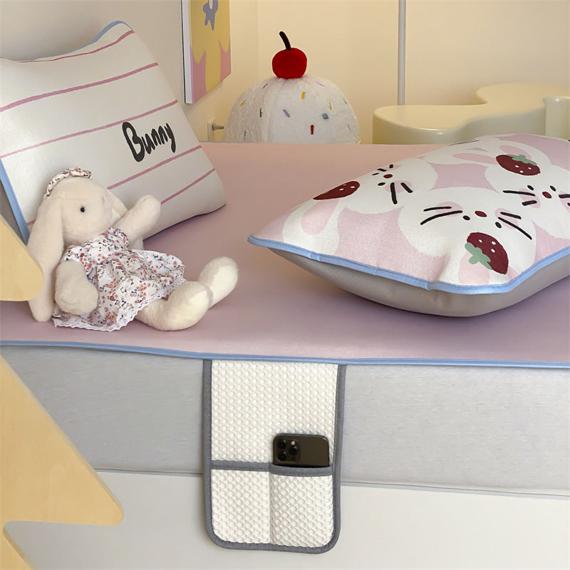 Children's mattress topper and fitted sheet set with non-slip corner fasteners and cute dog design