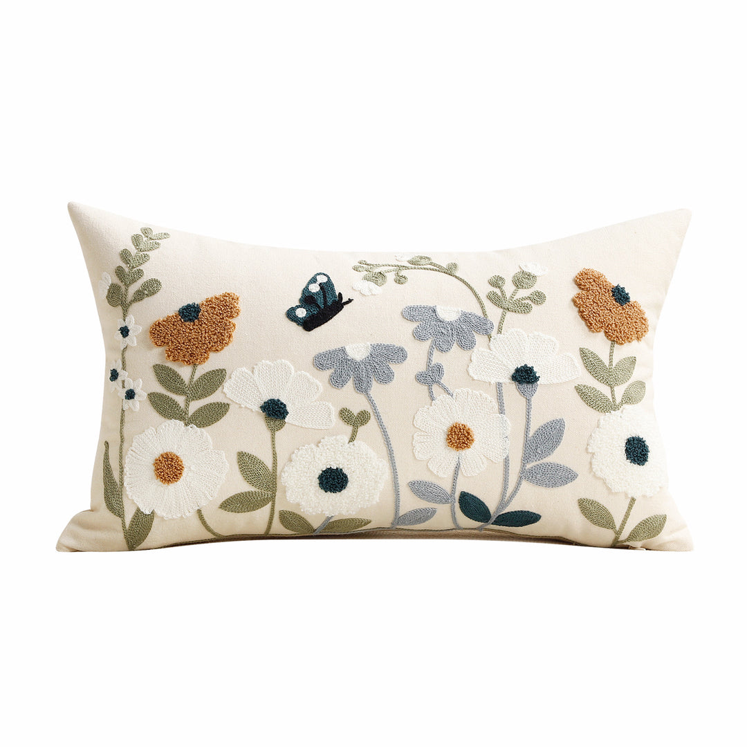 Hand-Embroidered Meadow Motif Linen-Blend Lumbar Cushion Cover