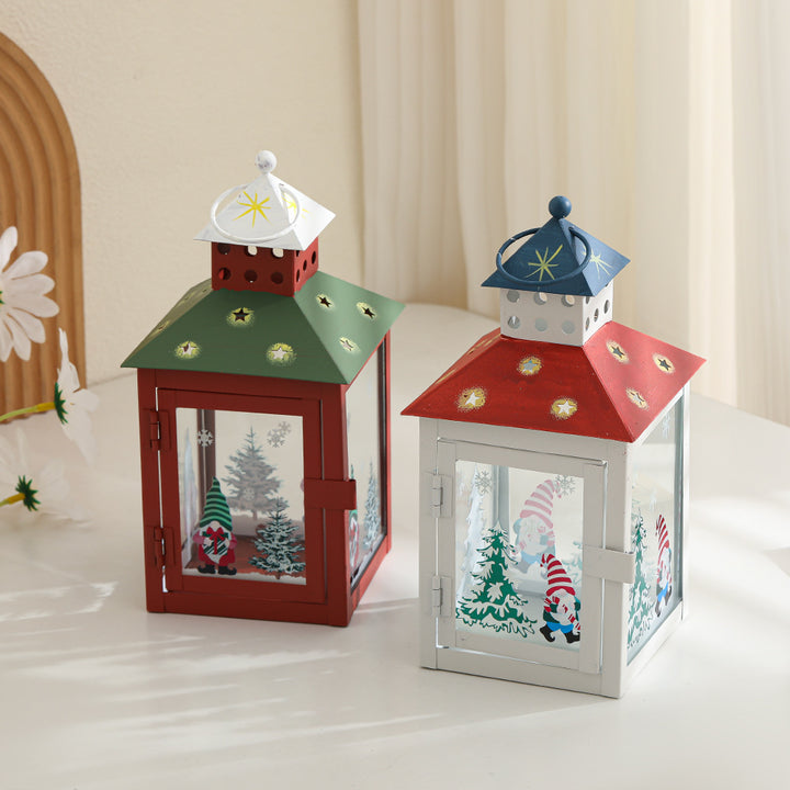 Decorative Holiday Tea Light Lantern with Glass Pane Gnome & Pine Motif Kalsten