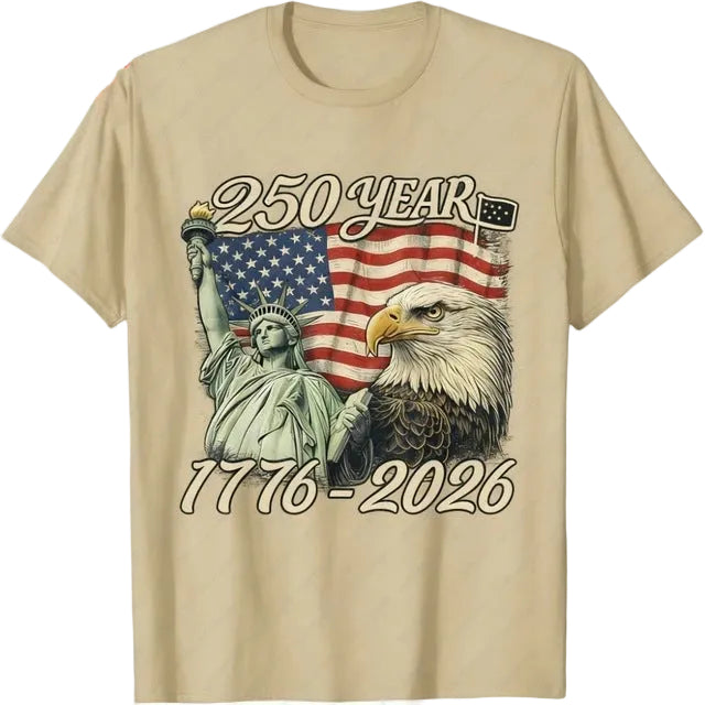 Unisex nan patriotic two hundred fifty year commemorative graphic tee with Statue of Liberty and Bald Eagle print Kalsten