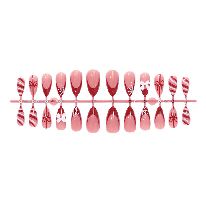 Decorative Press-On Nail Set with Elegant Bow and Striped Designs kalsten