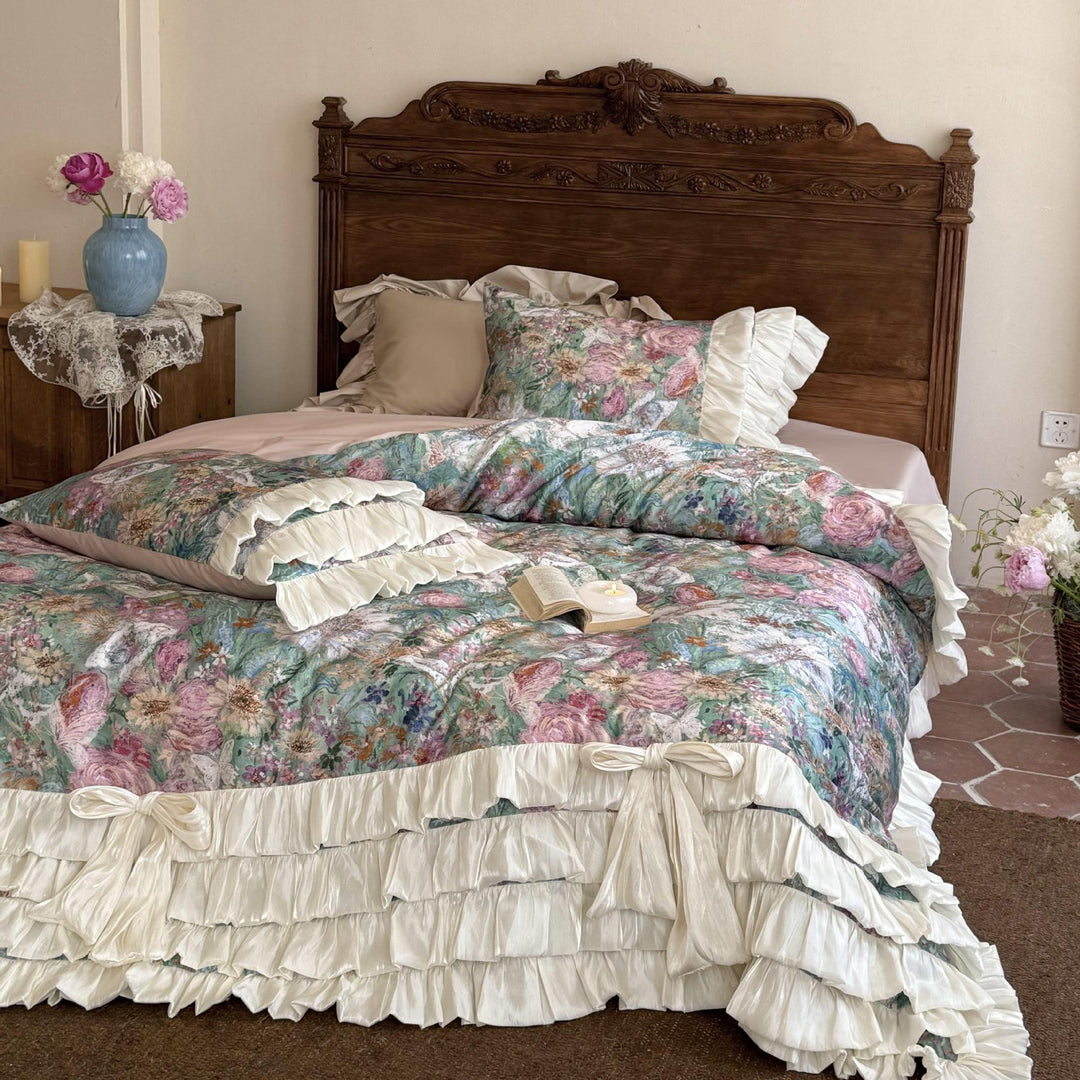 Luxurious bedding set with ruffles, bed skirt, and floral print