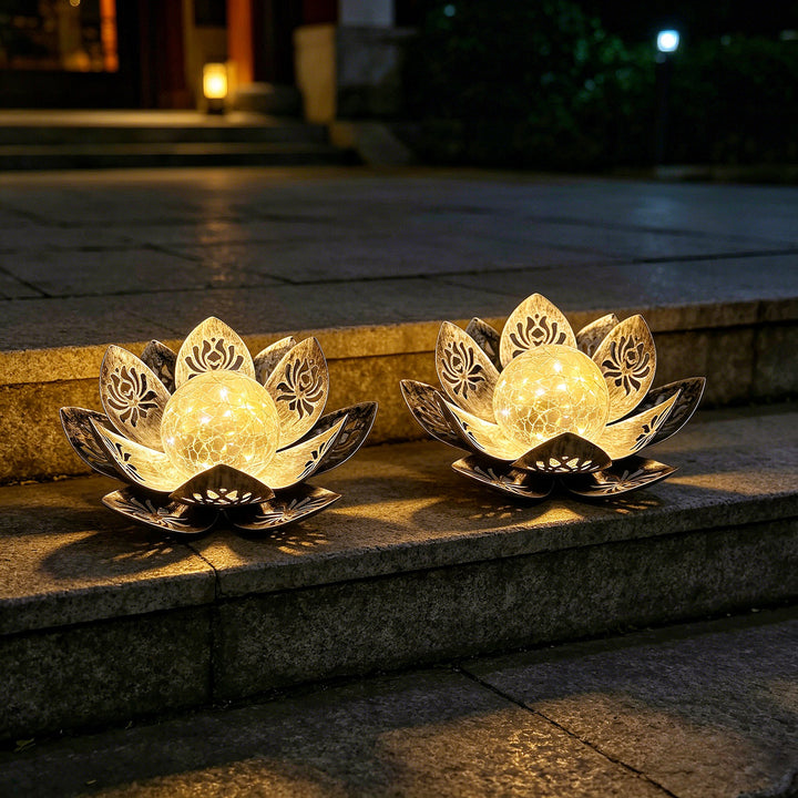 Decorative Solar Lotus LED Garden Lantern With Crackle Glass Globe And Laser-Cut Metal Petals Kalsten