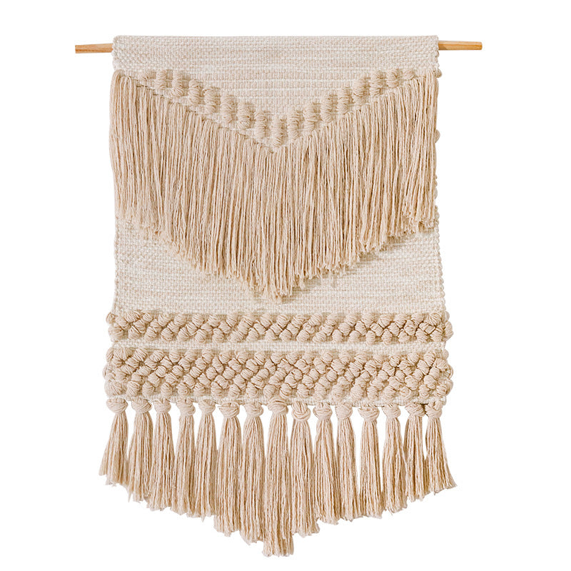 Woven Boho wall tapestry with macrame fringes and handcrafted textured relief Kalsten