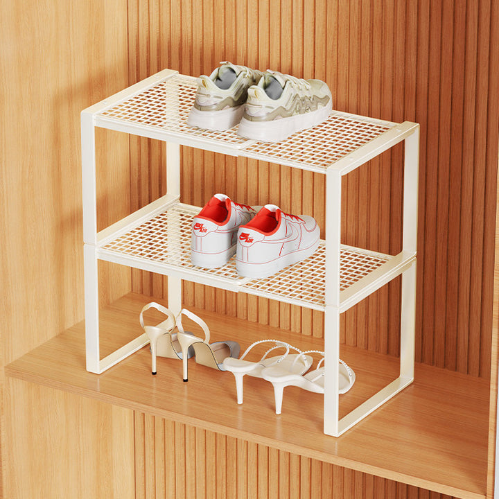 Multi-Tier Metal Mesh Shoe Storage Rack with Open Grid Shelves and Matte Frame