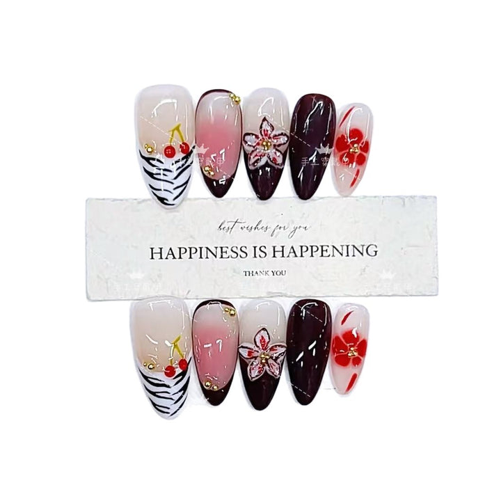 Artistic Press-On Nail Art Set with Cherry Blossom and Floral Designs Kalsten