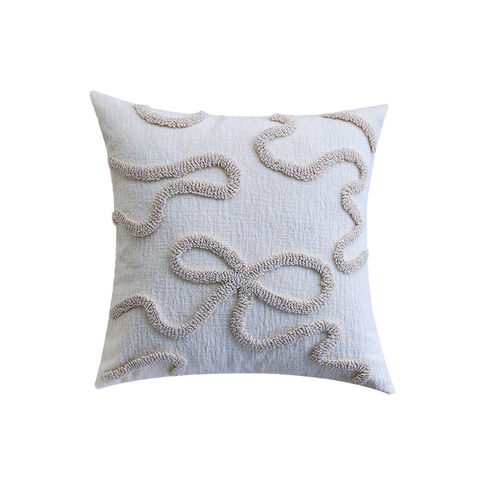 Square decorative cushion cover with hand-tufted bow and wave relief made of cotton-linen mix Kalsten