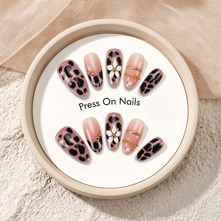 Artistic Press-On Nail Set with Elegant Leopard and Floral Designs Kalsten