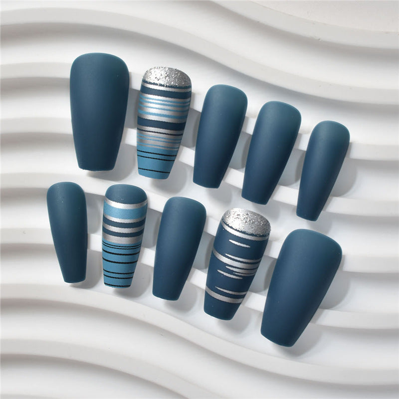 Fashionable Matte Finish Press-On Nails with Metallic Stripes Kalsten
