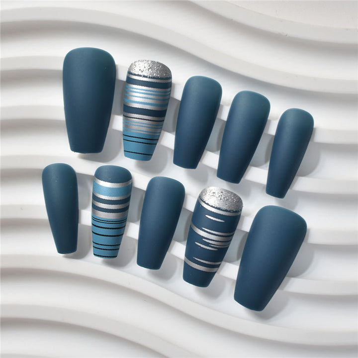 Fashionable Matte Finish Press-On Nails with Metallic Stripes Kalsten