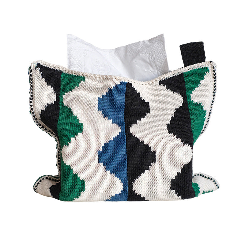 Knitted tissue box cover with geometric jacquard pattern and zipper Kalsten